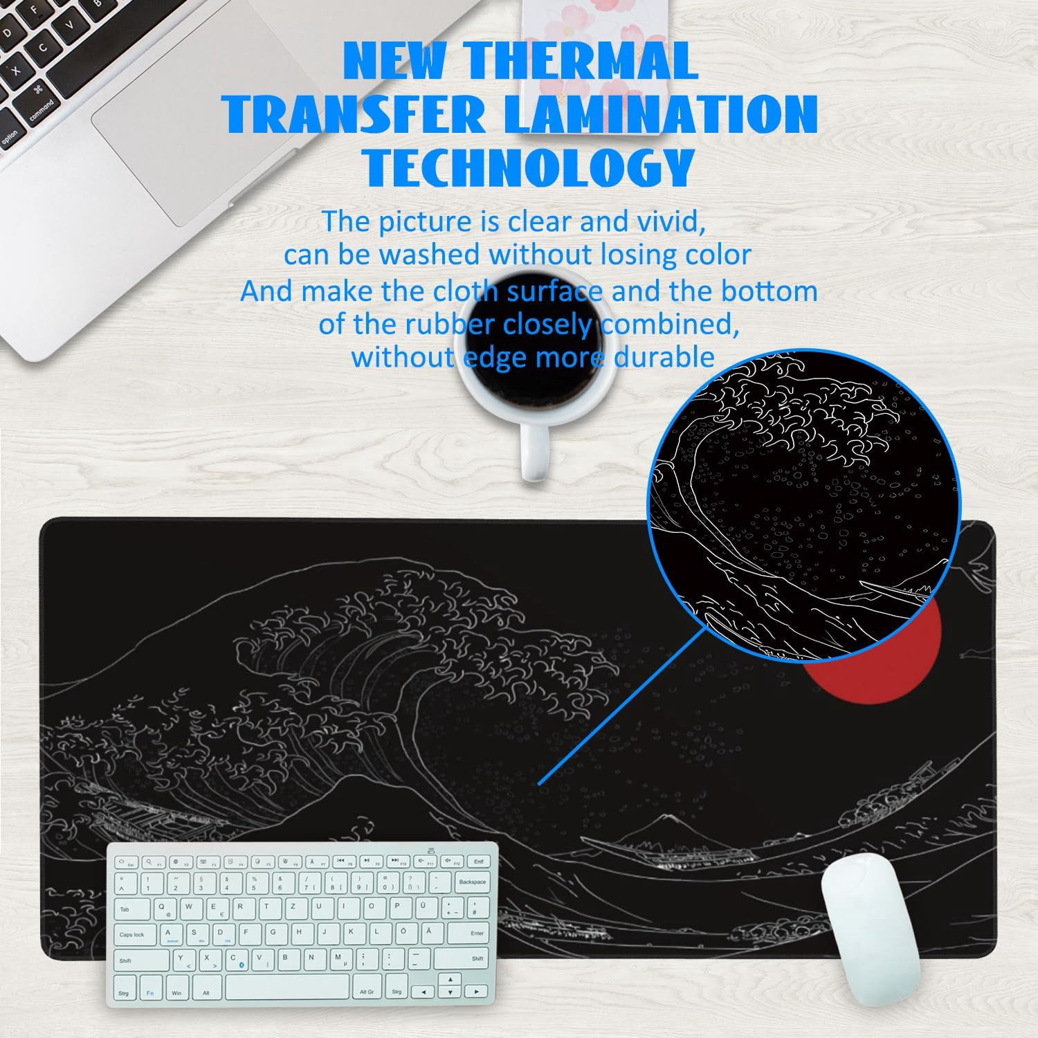 Desk Mat, Black Japanese Style Wave and Red Sun Extended Gaming Mouse Pad Large, 35.4"x15.7" Big Mouse Pad with Non-Slip Base and Stitched Edge, Long Computer Keyboard Mouse Mat for Home Office Work