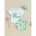 thumbnail image 2 of Bslissey Baby Girls 3Pcs Festival Outfits Short Sleeve Letter Print T-shirt + Shamrock Pattern Shorts + Headband 6M 12M 18M 24M Infant Toddler Casual Daily Clothes, 2 of 9