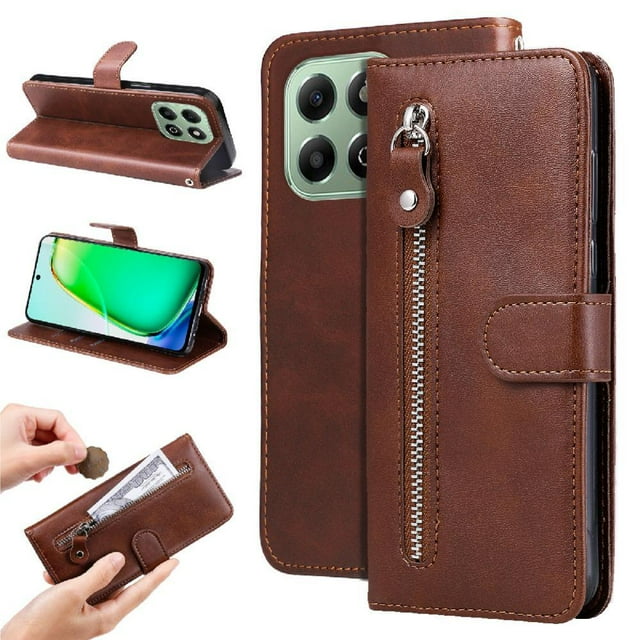 Estuche de Cuero PU con Cierre para Honor X6B 4G , Funda Protectora con Billetera y Correa