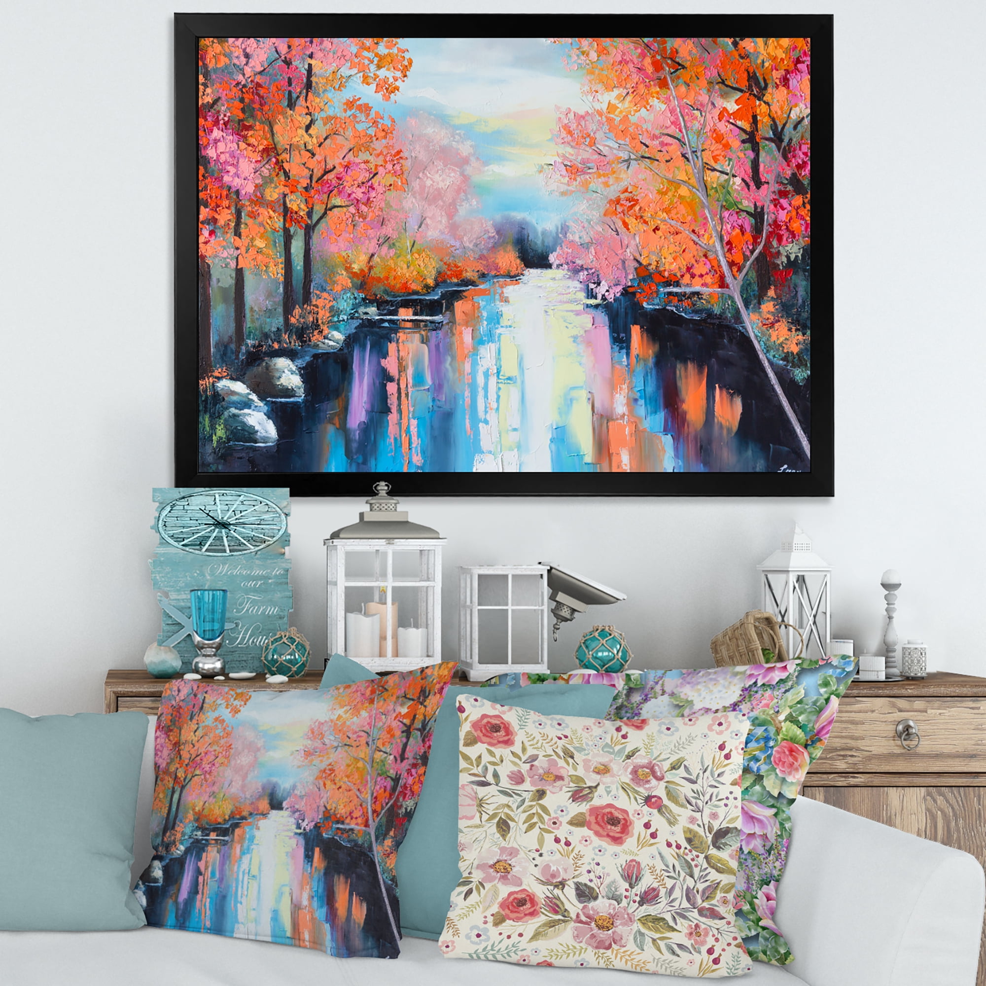 Designart 'The River Through Orange Autumn Forest' Lake House Framed Art Print