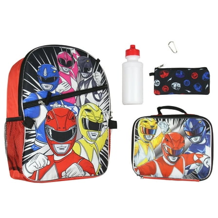 Power Rangers Let's Do This Red Pink Black Blue Ranger Backpack Lunch Bag Gadget Case Carabiner Water Bottle 5 Piece Set