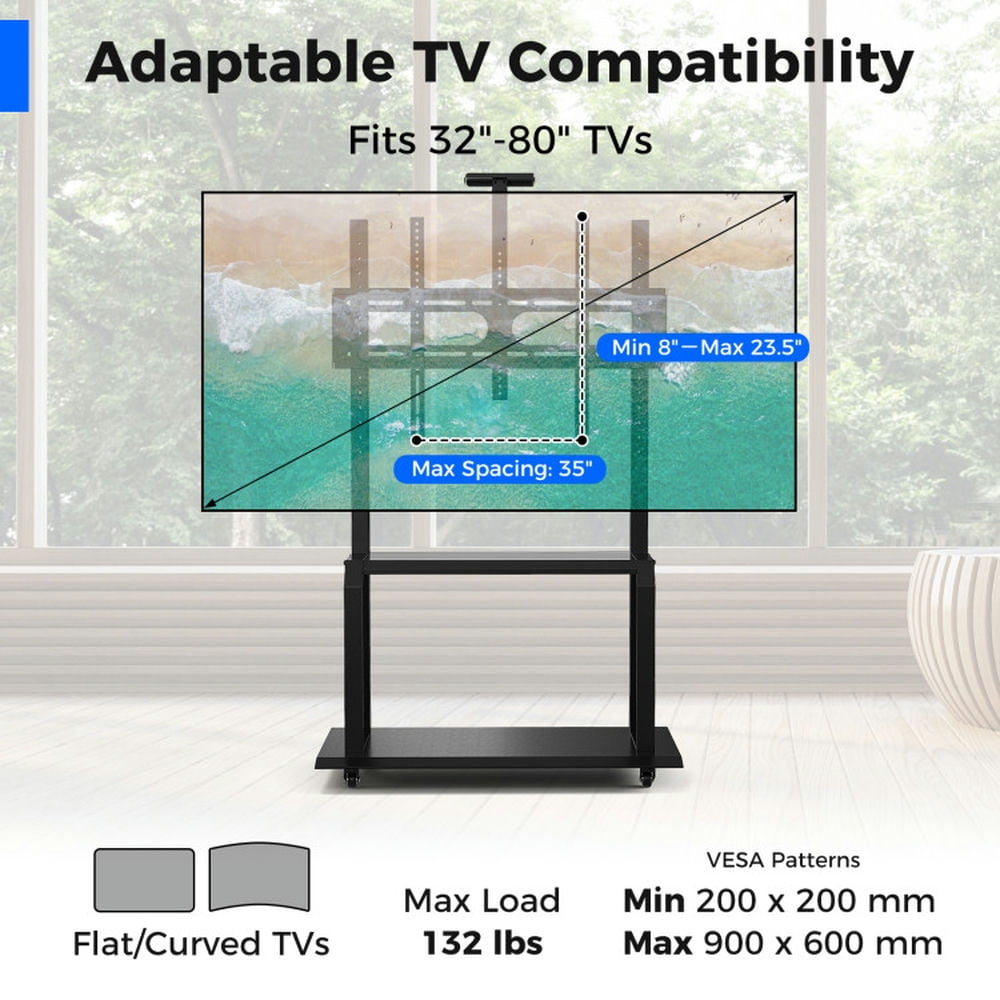 Finihen TV Stand, Mobile Media Console stand, Mobile TV Stand with Camera Shelf and AV Shelves for 32-80 Inch Flat/Curved TVs, for Living Room, Bedroom, Black
