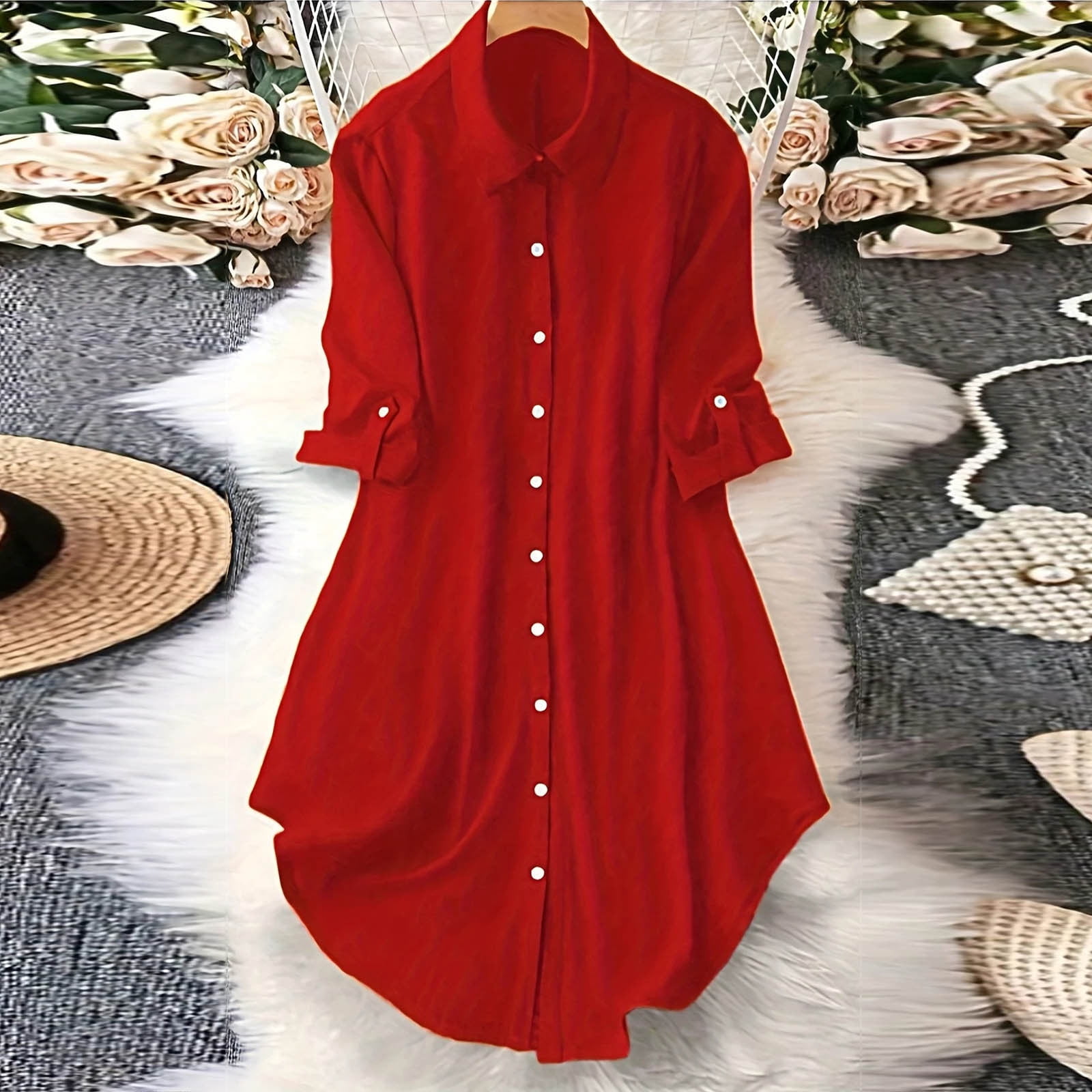 JGGSPWM Women's Casual Button Down Maxi Shirt Dress 3/4 Sleeve Solid Turn Down Collar Shirt Tunic Long Dress Red M