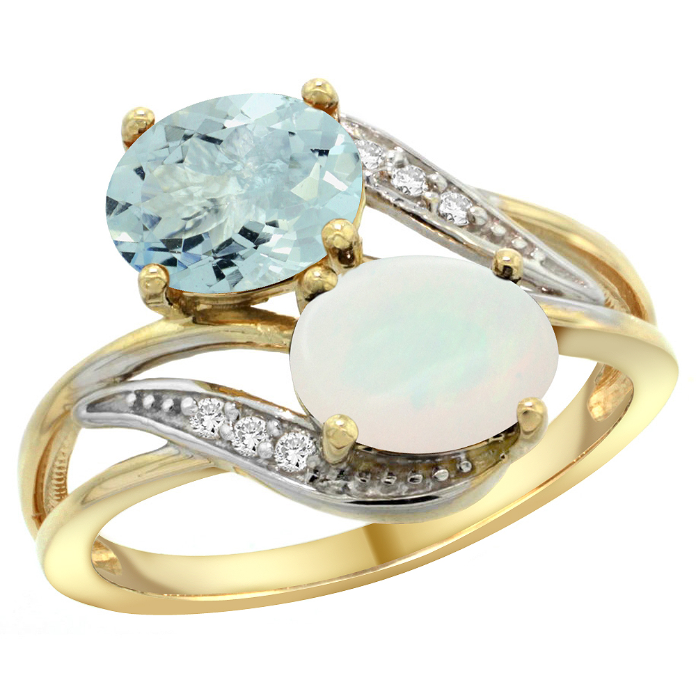 10K Yellow Gold Diamond Natural Aquamarine & Opal 2-stone Ring Oval 8x6mm, sizes 5 10 by WorldJewels