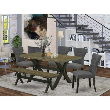 East West Furniture 6-Pc Table Dining Set-Dark Gotham Grey Linen Fabric Seat and Button Tufted Chair Back Parson Dining room chairs A Rectangular Bench and Rectangular Top Kitchen Table with…
