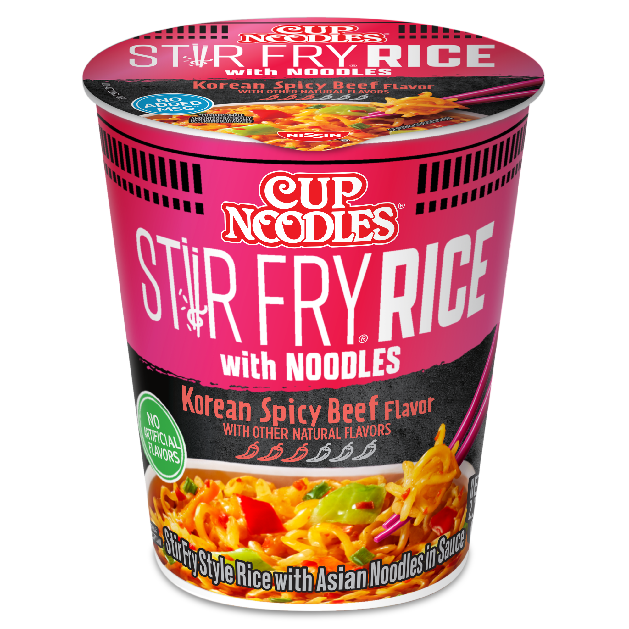 (6 pack) Nissin Foods Cup Noodles Stir Fry Rice with Noodles, Korean Spicy Beef Flavor, 2.36 oz Cup, Shelf-Stable