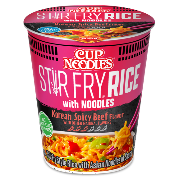 Nissin Foods Cup Noodles Stir Fry Rice with Noodles, Korean Spicy Beef Flavor, 2.36 oz Cup, Shelf-Stable