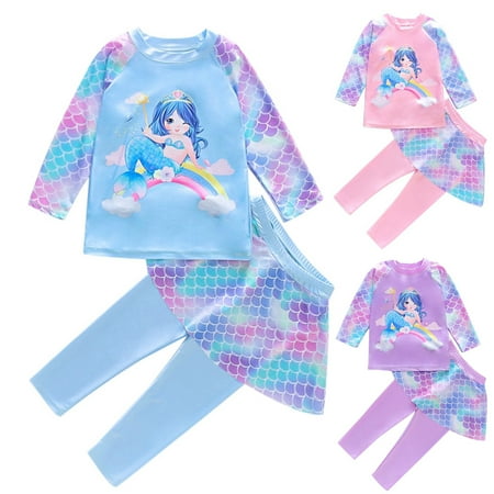

SYNPOS Toddler Little Kids Girls 2-Pieces Swimsuit Long Rash Guard Bathsuit Ruffle Mermaid Swimwear