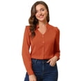 thumbnail image 1 of Camisa abotonada cuello alto escote En V recortado Allegra K primavera para mujer marrón L, 1 of 6