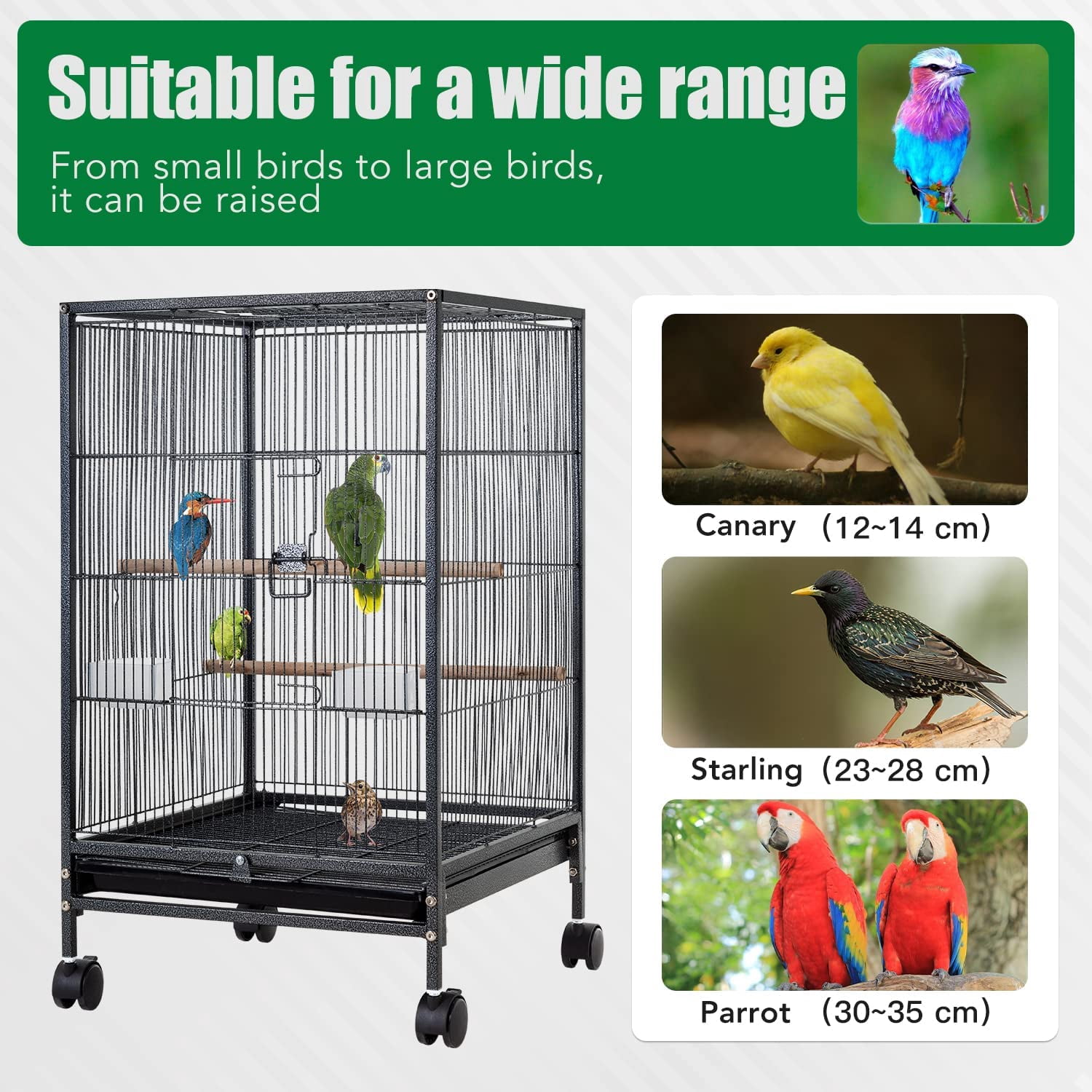 CL.HPAHKL 35 inch Bird Cage with Rolling Stand, Metal Birdcage Parakeet Cage for Parakeets Cockatiel Canary Finch Lovebird Parrotlet Pigeons, Black