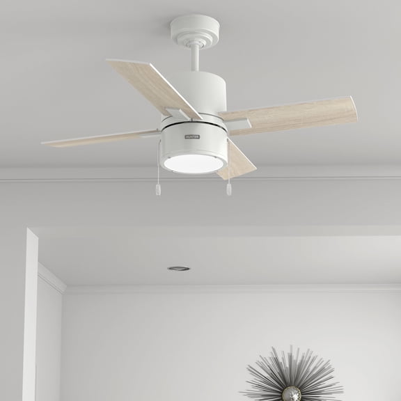 Hunter 42 inch Indoor Ceiling Fan with LED Light - White Ceiling Fan with Pull Chain, For Bedroom, Living Room, or Kitchen, Standard Mount, No Remote, 4 Blades - Beck 51743, Fresh White