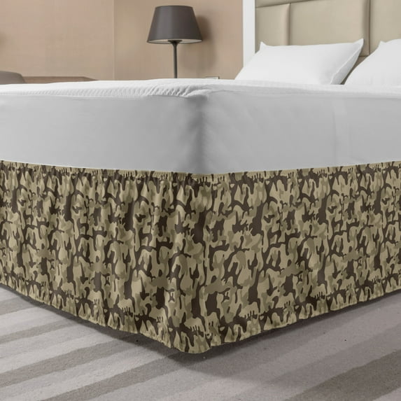 Camo Bed Skirt, Continuous Classic Camouflage Repeat Print Earth Tones Repetition, Elastic Bedskirt Dust Ruffle Wrap Around for Bedding Decor, 4 Sizes, Taupe Pale Sepia, by Ambesonne