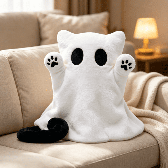 Cute Cat Ghost Soft Plush, Halloween Decor, Squishy & Huggable Freestanding Plush, Cuddly Cat Stuffed Animal, Halloween Decorations Indoor, Gothic Home Accent for Shelf Mantel