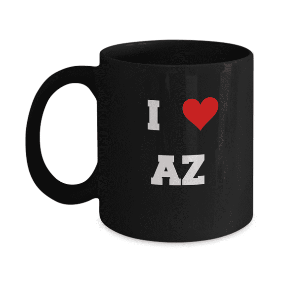 Arizona Mug, I Love Arizona AZ Abbreviation USA States Ceramic Black Coffee Mug 11 oz