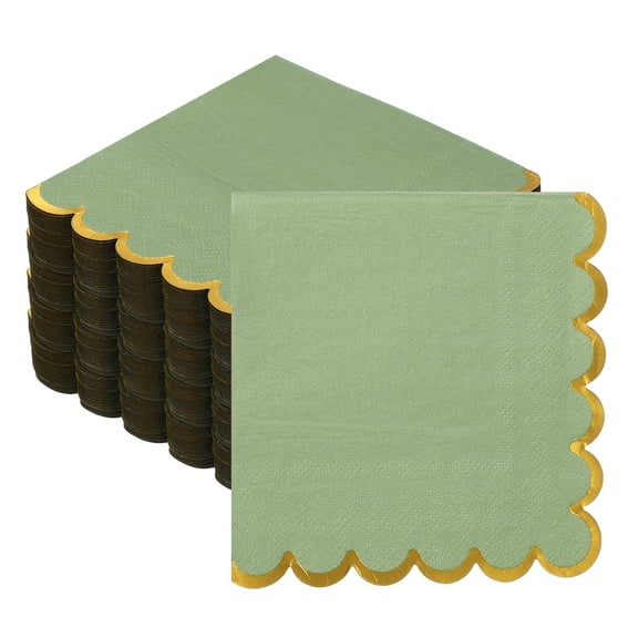 Uxcell 200 Pcs Scalloped Cocktail Napkins with Gold Foil Edges, 5 x 5 Inch Disposable Scalloped Paper Napkins for Wedding Engagement Anniversary Party Tableware Decorations, Shallow Green