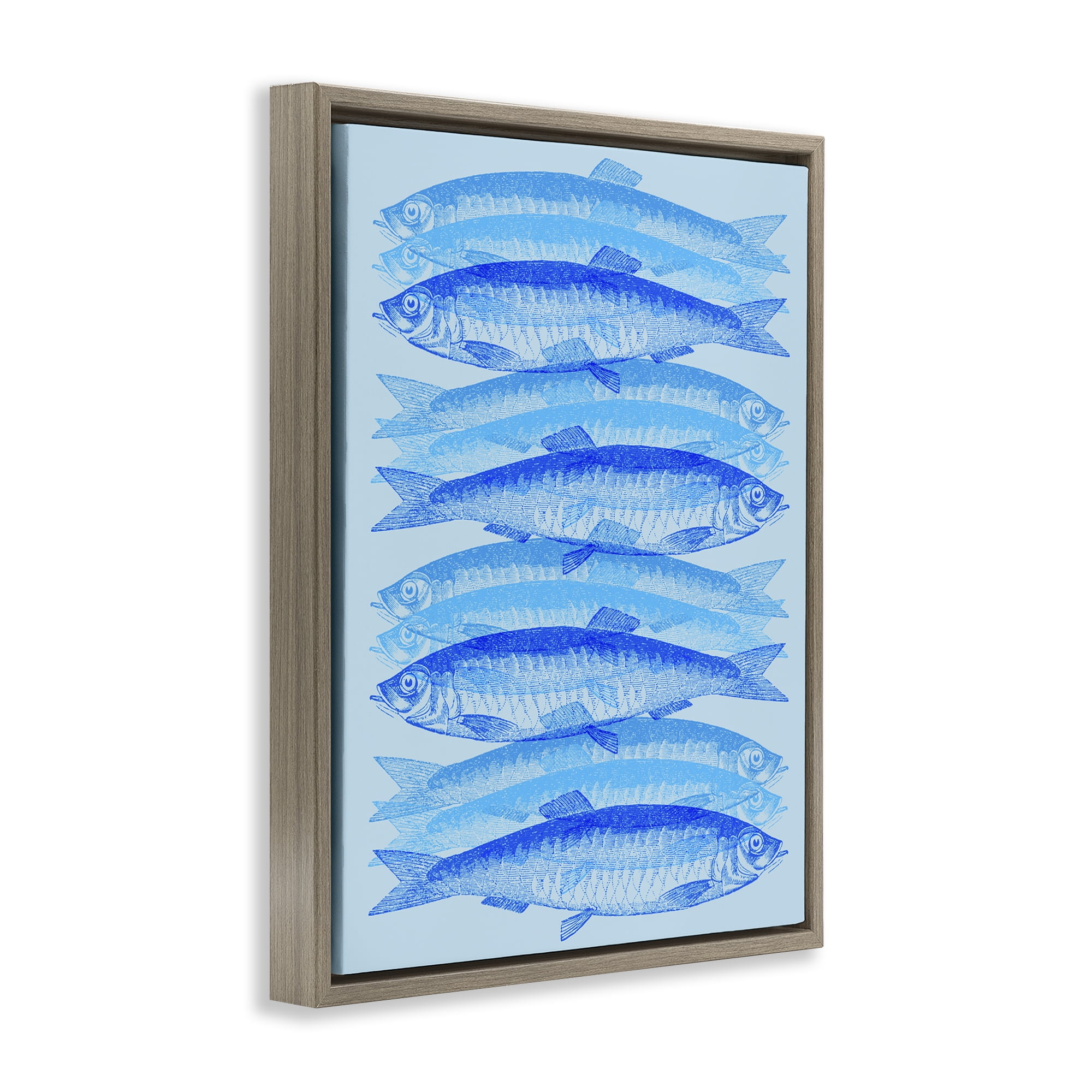 Stupell Industries Blue Layered Fish Animals & Insects Painting Brown Floater Framed Canvas Art Print Wall Art, 17 x 21