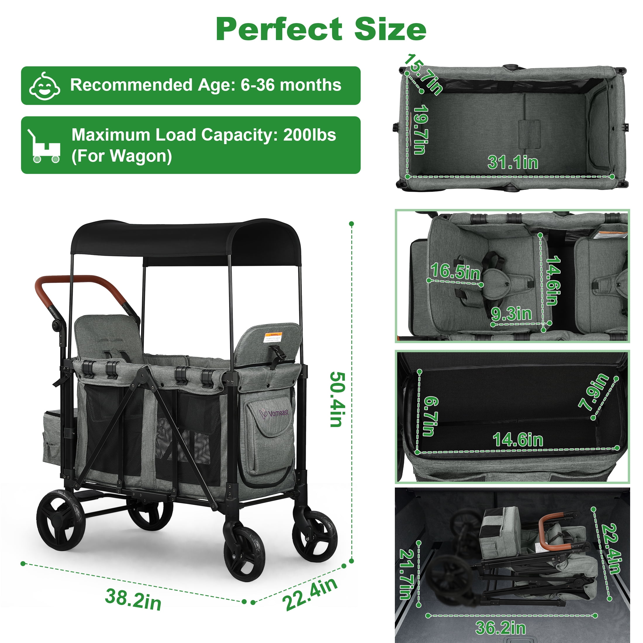 Vomeast Wagon Stroller for 2 Kids 3 in 1 Wagon Stroller with Canopy Adjustable Handlebars Removable Seat for Toddlers