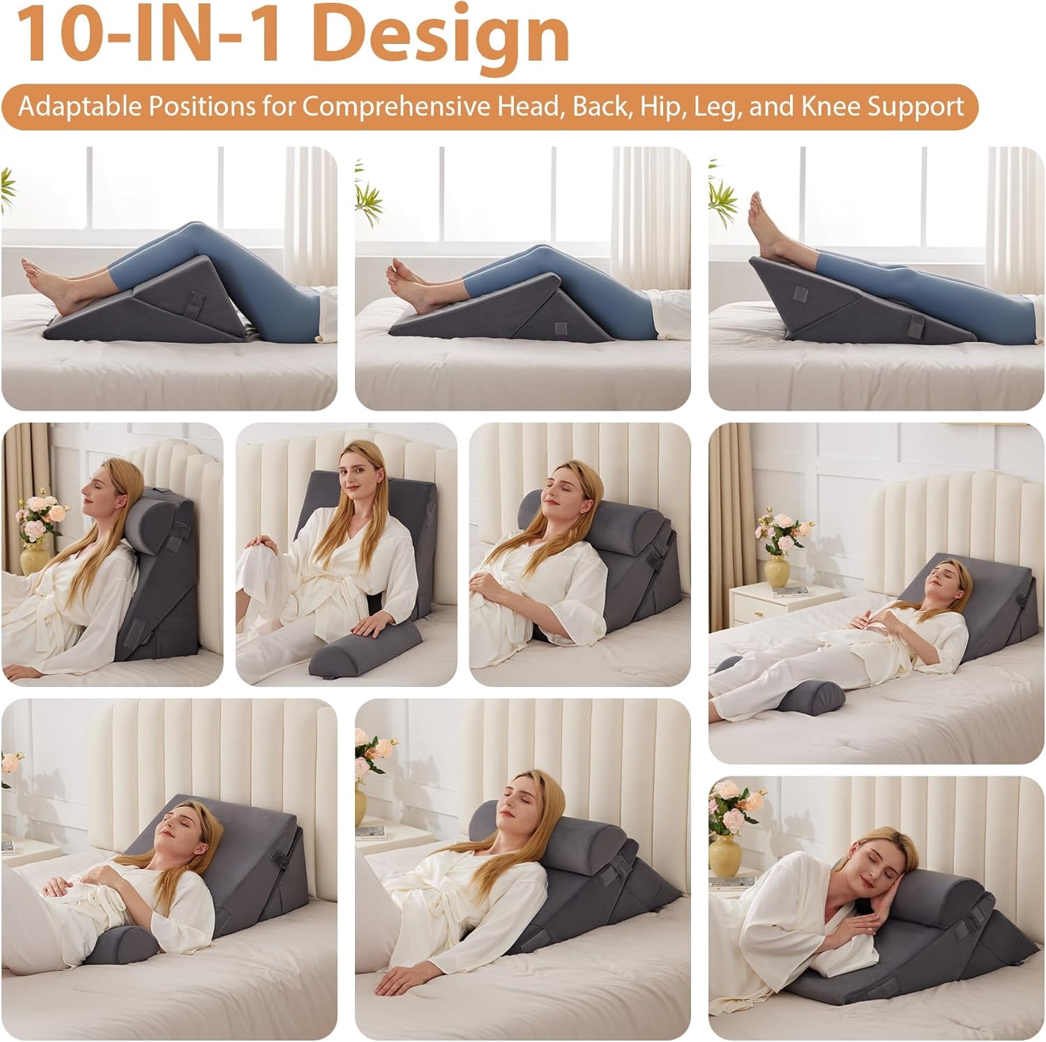 Adjustable Memory Foam Wedge Pillow Set for Sleeping, Acid Reflux & Post-Surgery Support, Orthopedic Bed Wedge for Neck and Back, 9 & 12 Inch, White/Grey