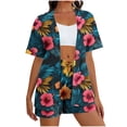 thumbnail image 2 of HOZADOIE Two Piece Sets for Women Beach Lounge Sets Stylish Hawaiian Print Color Block Short Sleeve Cardigan Elastic Drawstring Waist Shorts Summer Matching Set, 2 of 7