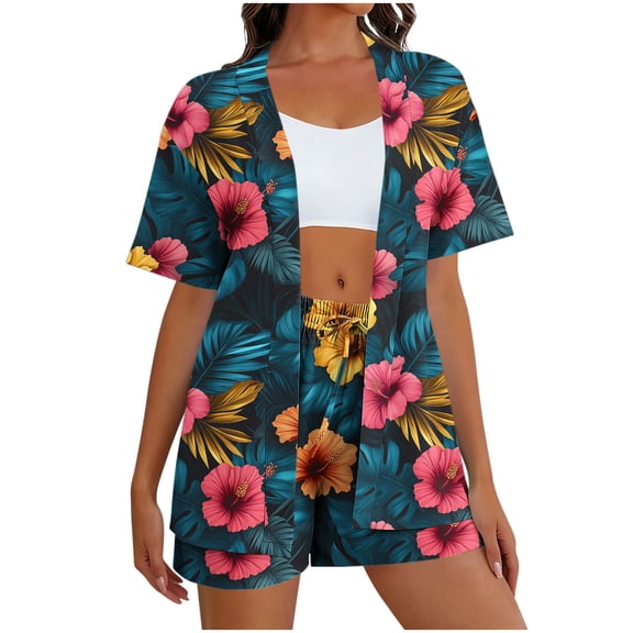 mihongmao Summer Vacation Outfits Beach Sets 2 Pieces Y2k Outfits Fashion Women's Hawaiian Style Print Casual Round Neck Short Sleeve Top T-shirt And Shorts Set Hot Pink 2X