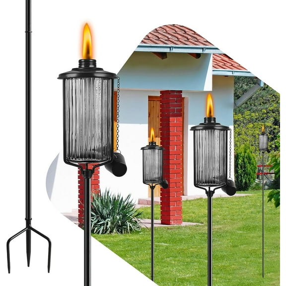 4 Pack Glass Citronella Torches, 16 oz Garden Torches for Outside with 3-Prong Grounded Stake, 55 inch Outdoor Black Glass Flame Light Torch for Yard, Patio, Deck, Garden, Party, Landscape
