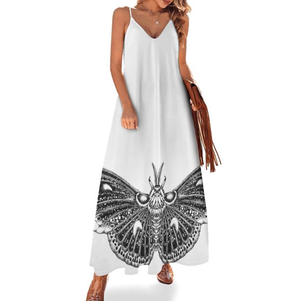 Vestido sin mangas con estampado de pluma y tinta en blanco y negro de Cecropia Moth para mujer, vestido de fiesta 2024