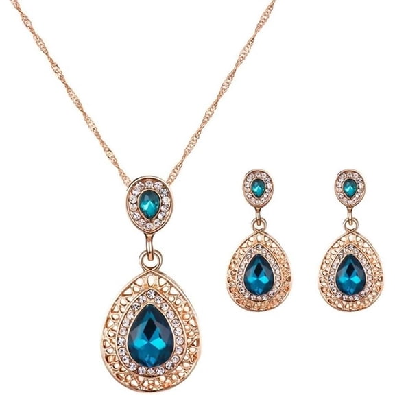 Zephyriana Blue Crystal Teardrop Necklace Earring Set, Bridal Jewelry Set, Ladies' Jewelry Set