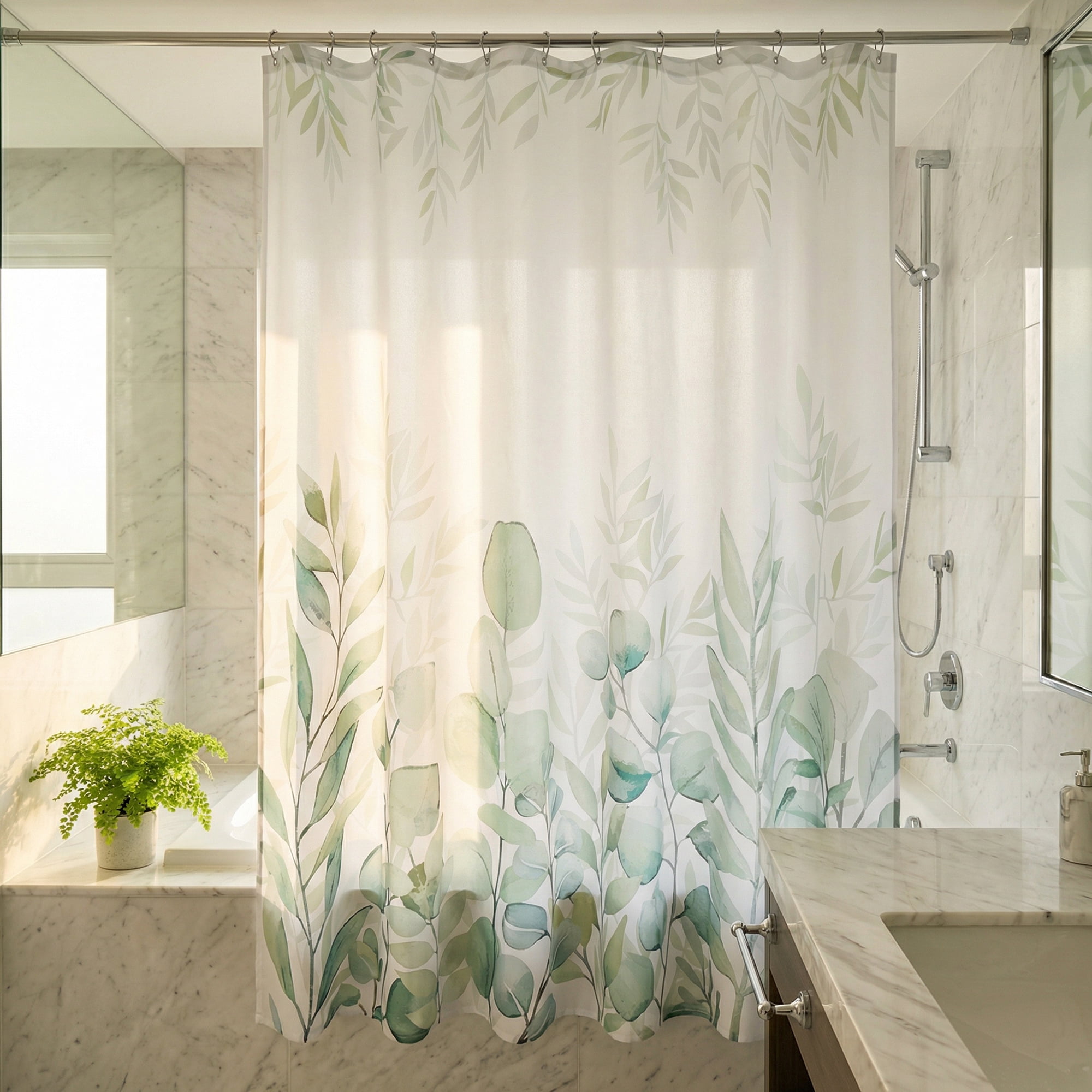 Unique Bargains Floral Print Sets, Waterproof Bath Curtain Green 71"W x 71"L