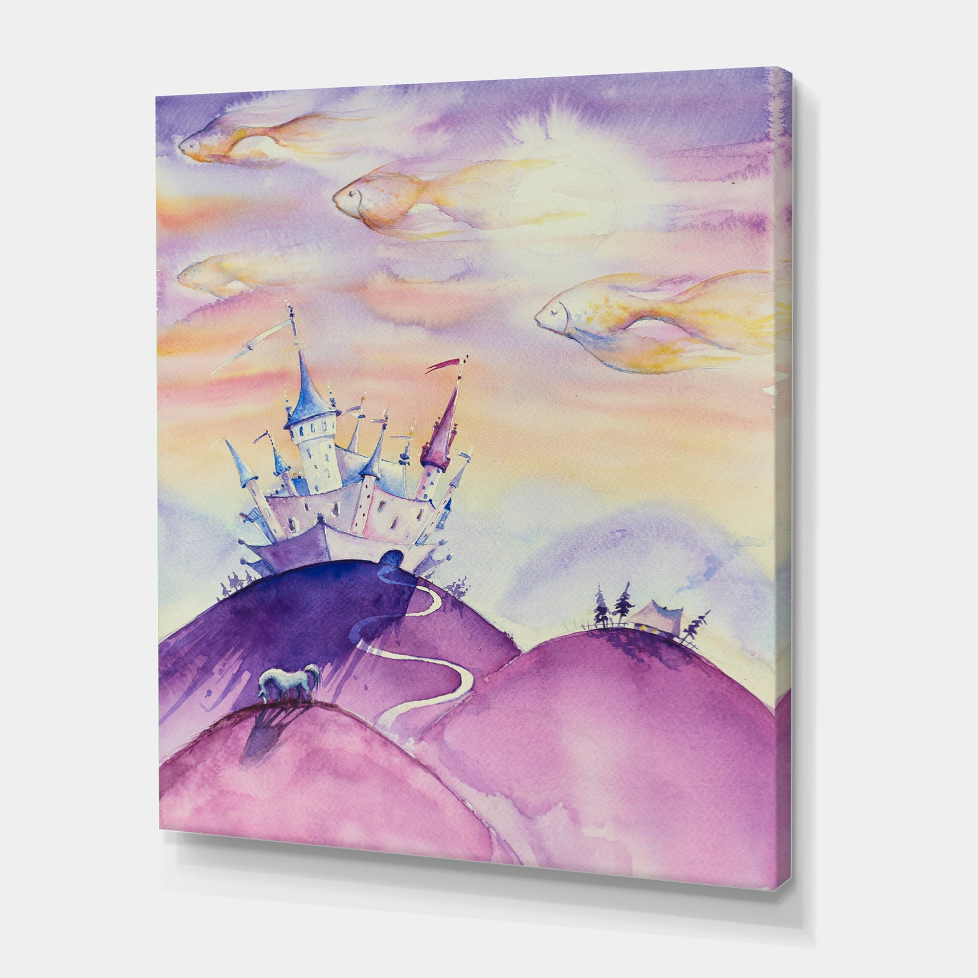 Fairy Tale Kingdom Palace On Purple Mountain Top 16 in x 32 in Painting Canvas Art Print, by Designart