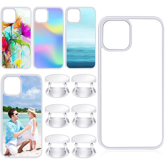 10 Sublimation Sets, 5 Pieces Sublimation 2D Phone Case Covers Soft Rubber Anti-Slip Compatible with Apple iPhone 12/12 Pro with 5 Set Blank Sublimation Phone Holders for DIY Phone Case Grips (White)