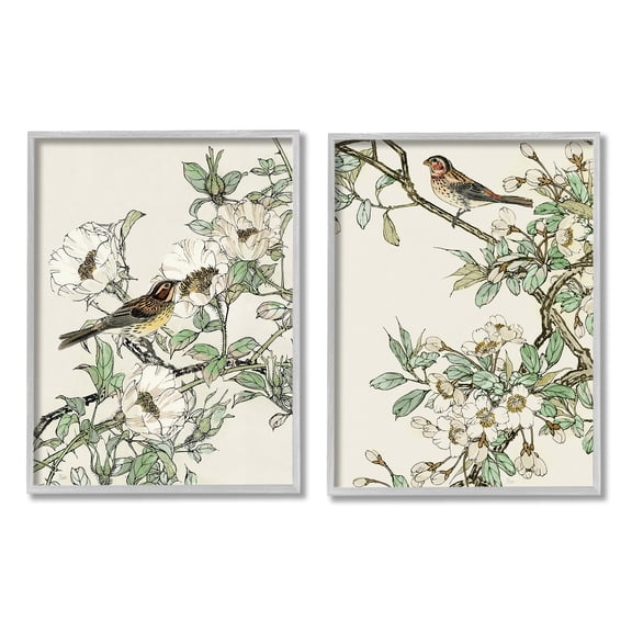 Stupell Industries Classic Sparrow on Blossoms Animals & Insects Painting Gray Framed Art Print Wall Art, 24 x 30, Set of 2