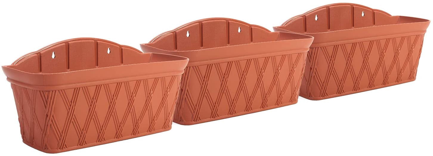 Sungmor 3 Pack Wall Hanging Planters, 16.5 Inch Railing Fence Hanging Flower Pots, Thickened Plastic Water Storage Plant Pot, Indoor Outdoor Garden Balcony Decor, Large Terracotta Color Plant Basket