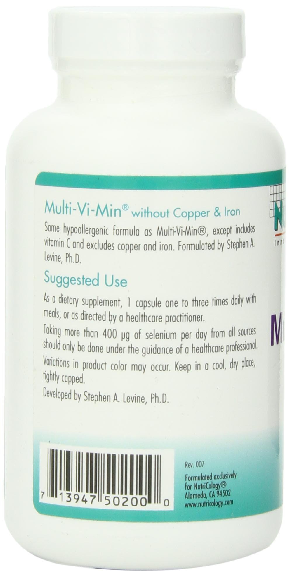 NutriCology Multi-Vi-Min Without Copper & Iron - Iron Free Multivitamin & Mineral Supplement - Active B Vitamins & High Absorption Formula - Hypoallergenic - 150 Servings - 150 Capsules