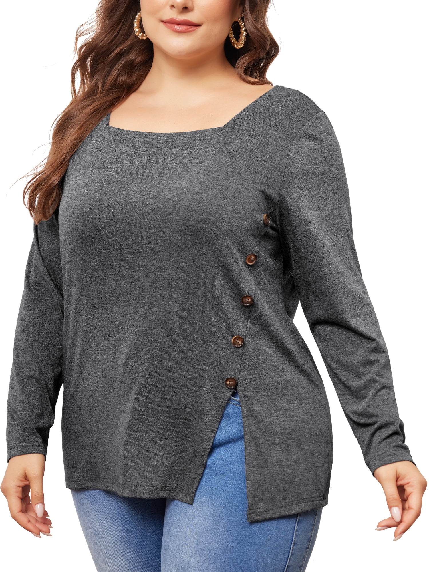 DARING DIVA Women's Plus Size Side Button Square Neck Long Sleeve Blouse 4X Grey