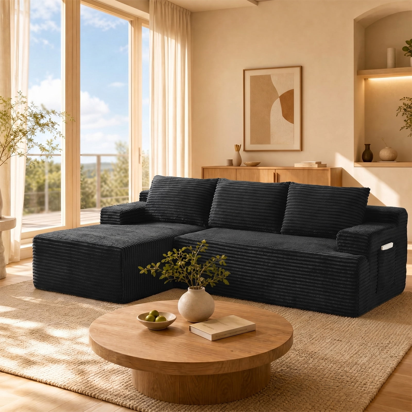 Muumblus L-Shaped Modular Sectional Sofa with Chaise, Boneless Deep Seat Cloud Couch, No Assembly Corduroy Sleeper Sofa for Living Room, Black（Left Facing Chaise）