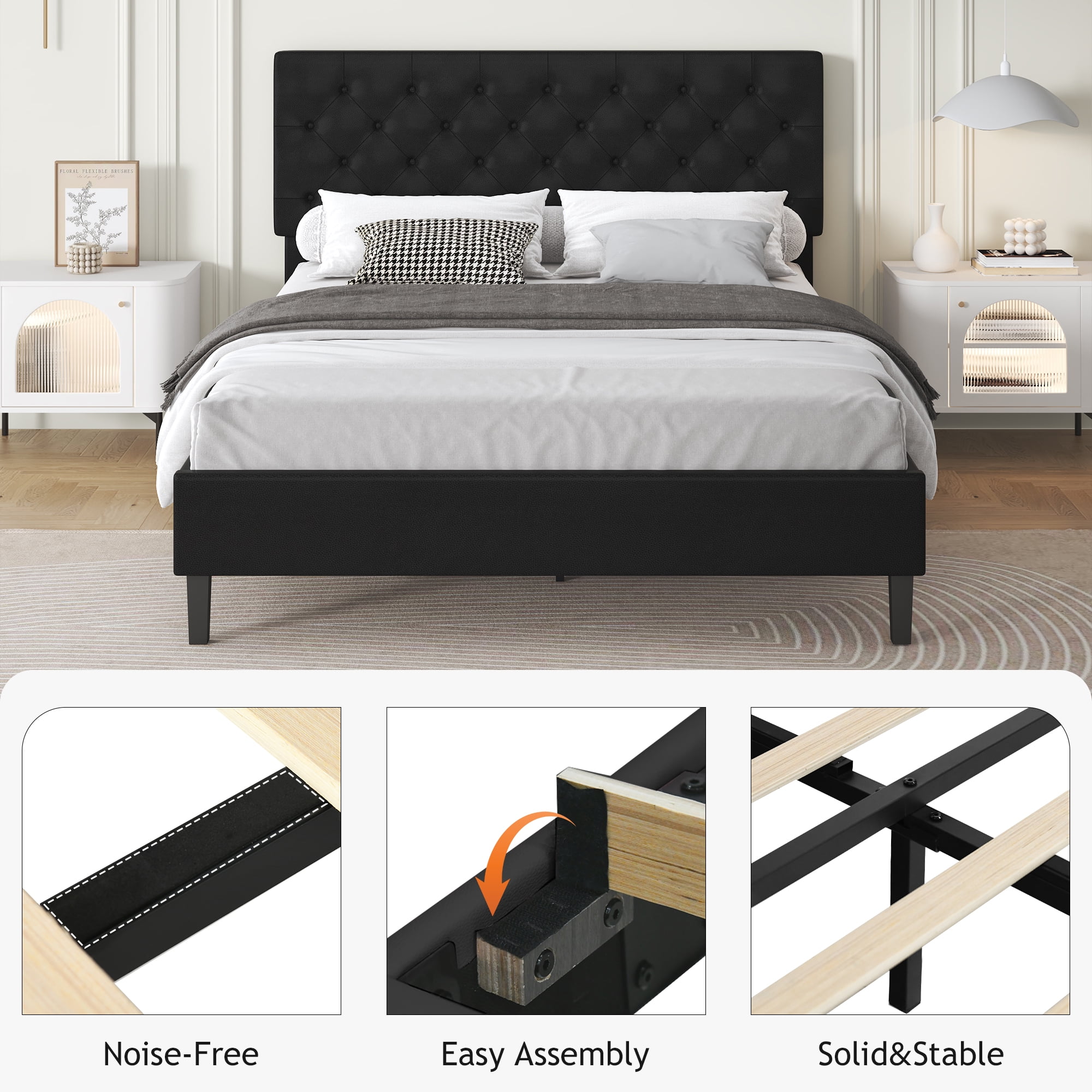 4 EVER WINNER Queen Bed Frame, Queen Upholstered Platform Bed with Button Tufted Headboard, Black