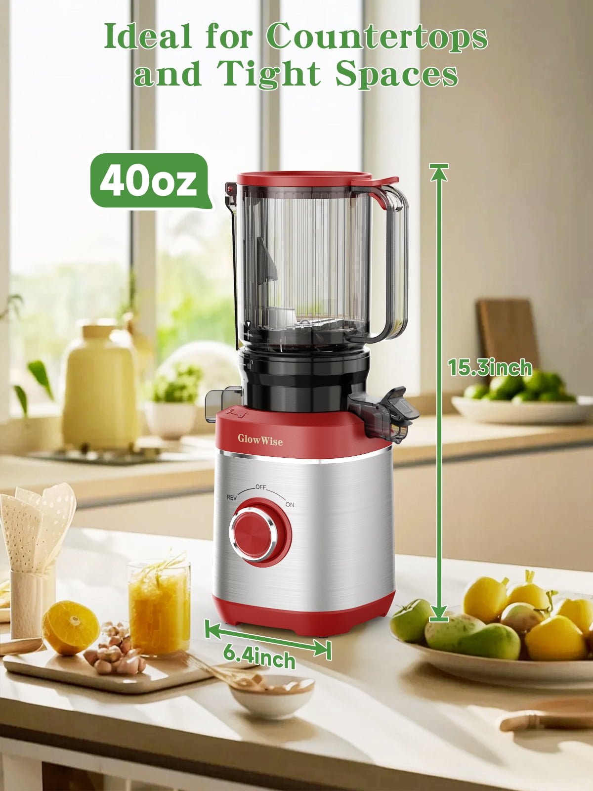GlowWise Juicer Machines with Built-in Blades for Slicing Whole Fruits & Vegetables, Cold Press Juicer with 4.35" Large Feeding Chute, Easy to Clean, Quiet Masticating Juicer with High Juice Yield