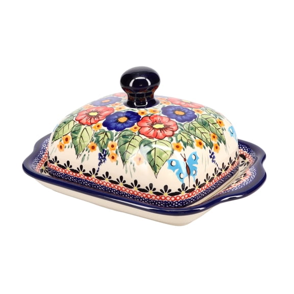 Blue Rose Polish Pottery Floral Butterfly Square Butter Dish