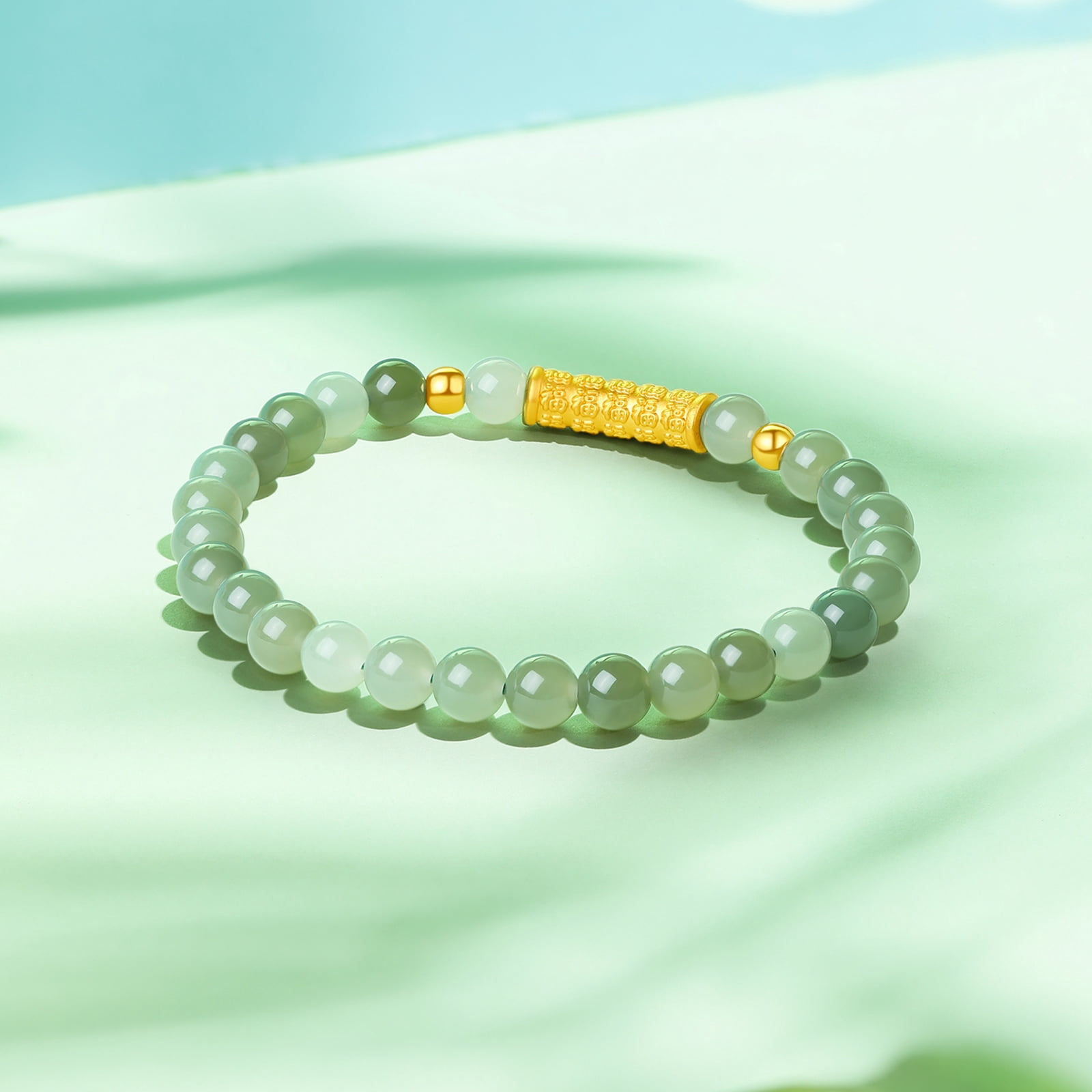 ZHOU LIU FU 24K Gold Green Jade Bead Bracelet Fortune for Women Men 19cm/7.5'' Y1910809