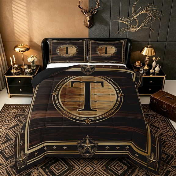 Castle Fairy Western Wood Letter T Full Size Comforter Sets 3 Pieces for Adults,Vintage Texas Star Bedding Sets for Home Decor,Black Reversible
