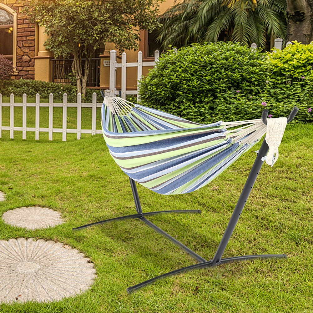 Lowestbest 9ft Steel Pipe Hammock Frame with Cotton Hammock, Natural Rope Iron Hammock Set For Garden, Outdoor, Green Lowestbest 9ft Steel Pipe Hammock Frame with Cotton Hammock, Natural Rope Iron Hammock Set For Garden, Outdoor, Green