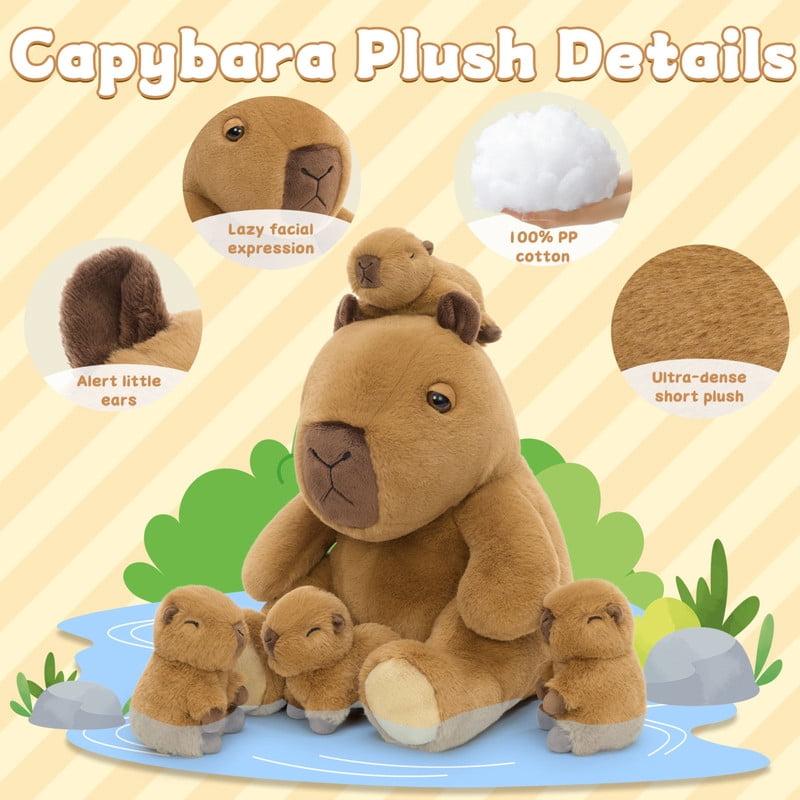 Muiteiur 5Pcs Capybara Stuffed Animal Set 13.8'' Capybara Plush with 4 Babies Inside