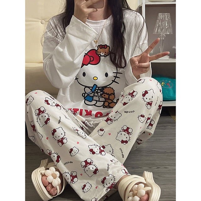 Pyjamas Printemps et Automne 2024 pour Femmes, Col Rond Ample, Mignon Hello Kitty, service à Domicile, Manches Longues, Pantalon, Ensemble Deux Pièces, Vente en Gros tzw