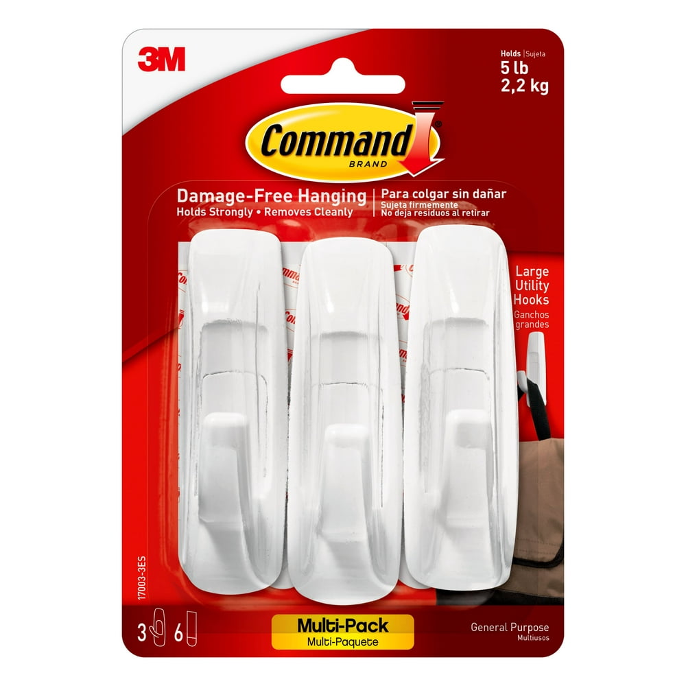 Command Utility Hook Value Pack, White, Large, 3 Hooks, 6 Strips/Pack