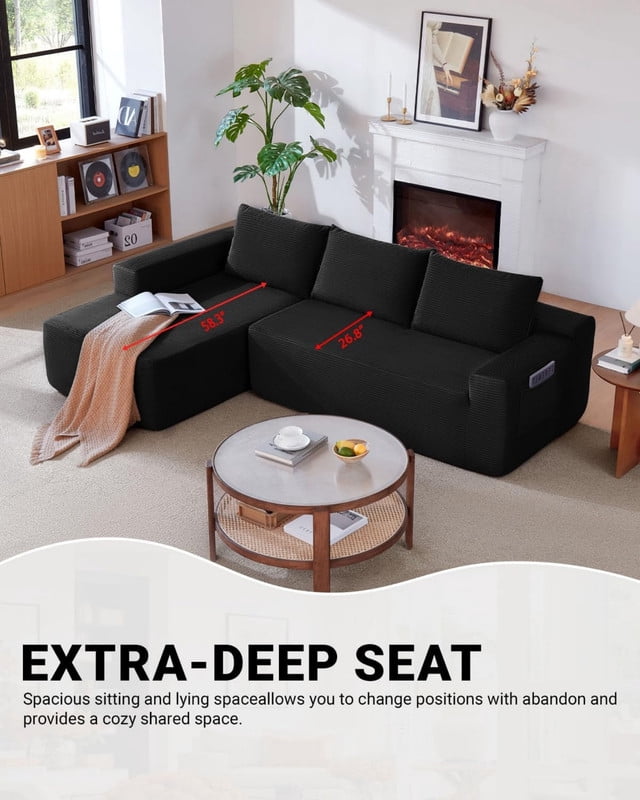 L-Shaped Modular Sectional Sofa with Chaise, 96.9'' Corduroy Boneless Couch Cloud Sofa with Deep Seat for Living Room Bedroom
