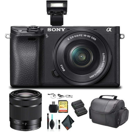 Sony Alpha a6300 Mirrorless Camera with 16-50mm Lens Black ILCE6300L/B With Sony 55-210mm Lens, Soft Bag, Additional Battery, 64GB Memory Card, Card Reader , Plus Essential Accessories
