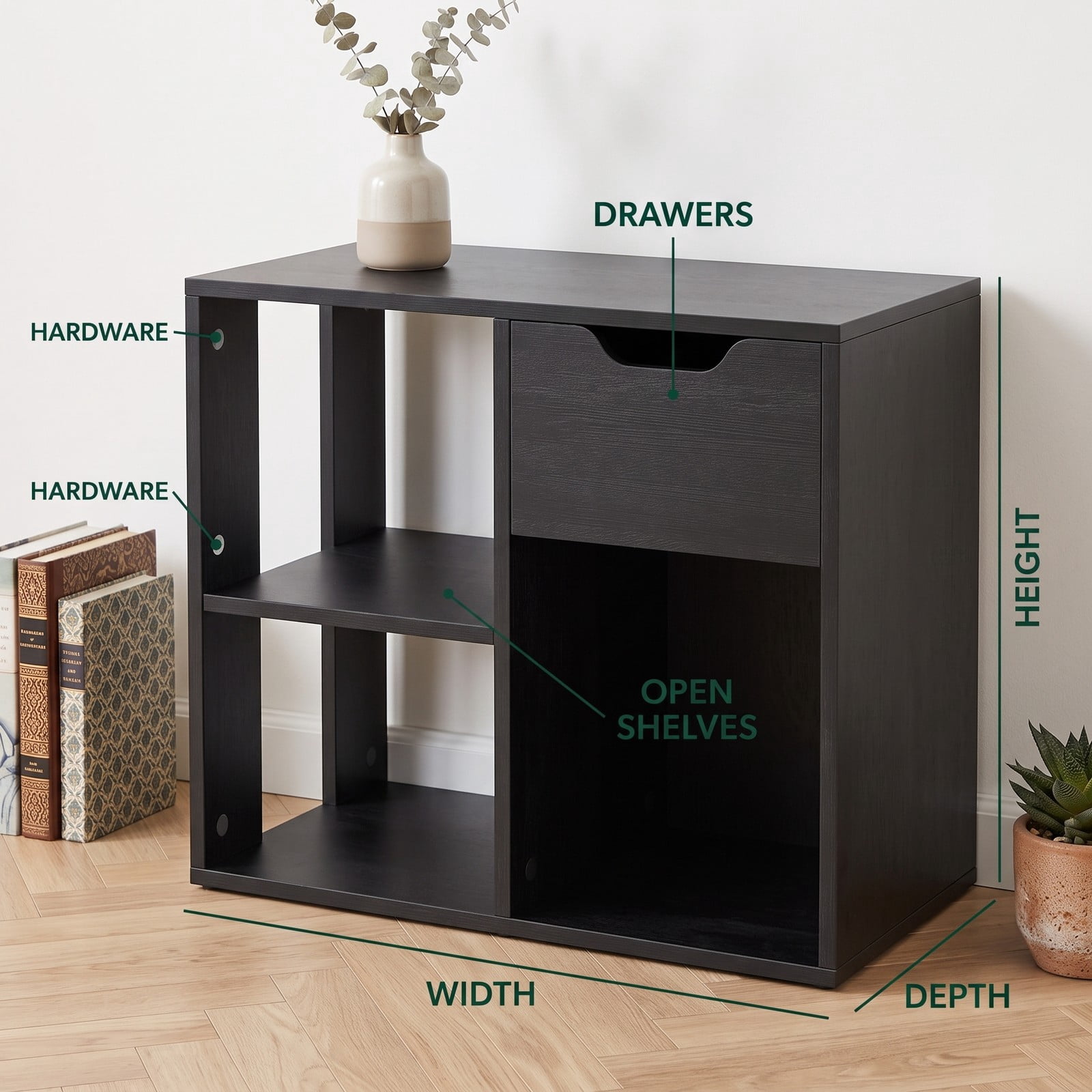 Furnibear 3-Cube Bookcase with Drawer, 2-Tier Wooden Storage Shelf Organizer, Freestanding Display Bookshelf for Living Room Bedroom Home Office, Engineered Wood, Black