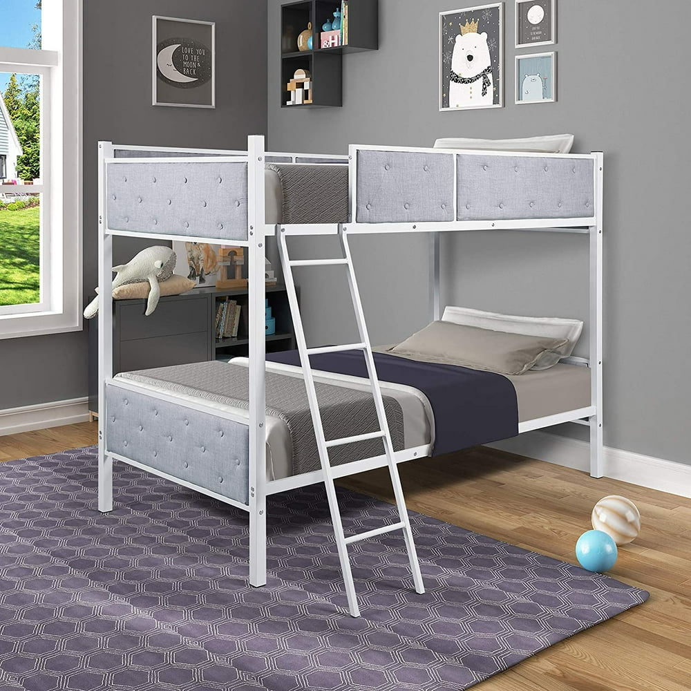 Upholstered Twin Over Bunk Bed with Safe Rails Sturdy Steel Frame Space