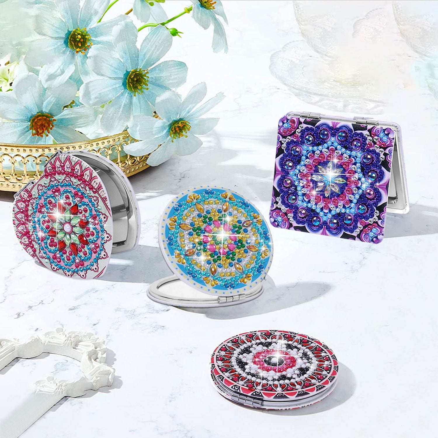 Relax love 4Pcs Diamond Painting Pocket Mirror Set DIY Compact Mirror Portable Folding Mirror