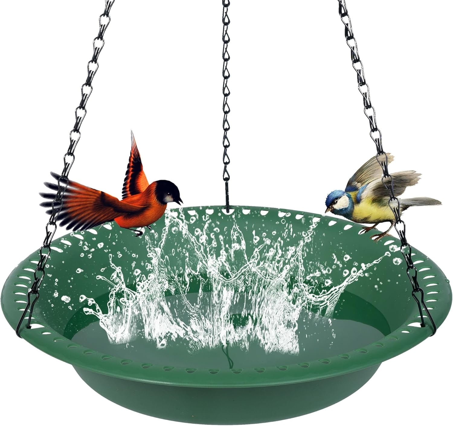 Sparklane - Bird Bath for Outside Heavy Duty, 14 inch BirdBath Bowl Only with 25” Rust-Proof Black Chains for Outdoor, Hanging Bird Bath Hanging Bird-Feeder for Garden Backyard Decor (Green 1 Pack)